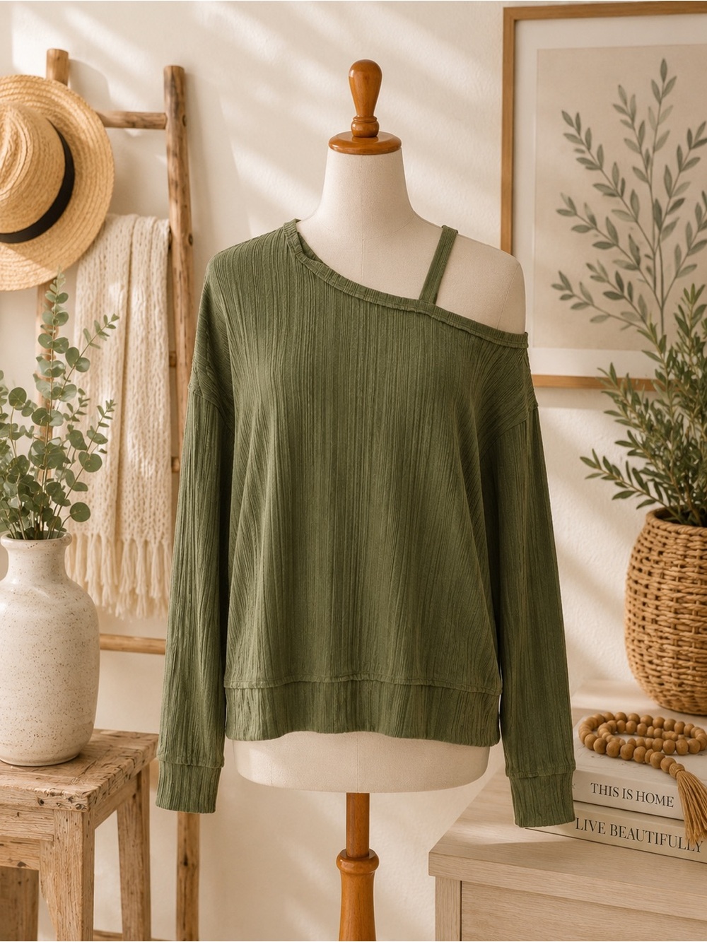 Daytrip Ribbed Olive Green Top Womens Large Casual Boho Lightweight Shirt